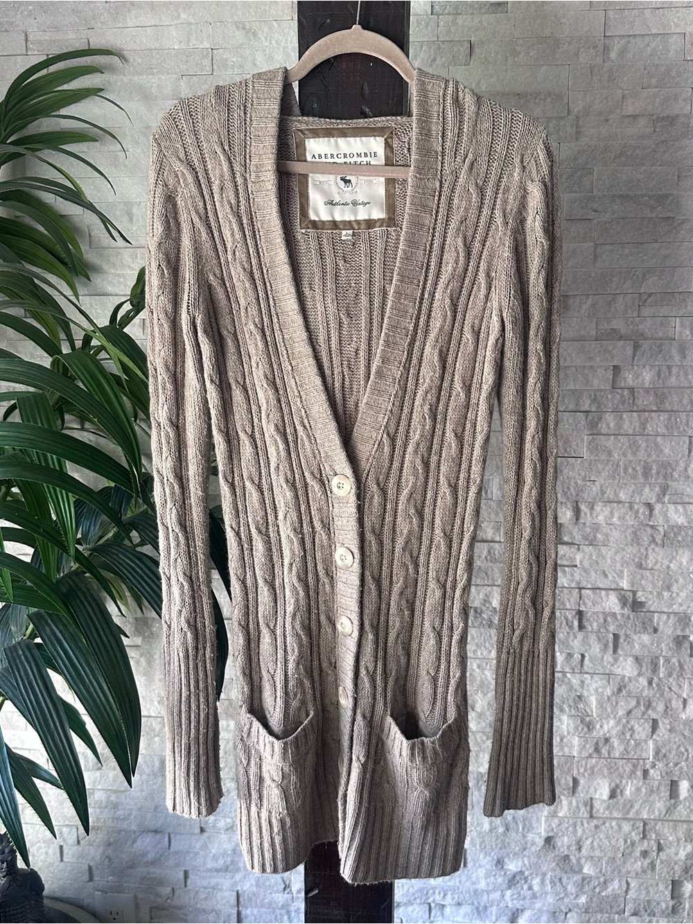 Abercrombie & Fitch Y2K Cableknit Tan Long Rabbit Hair Blend Hooded Sweater L